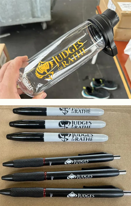 Judge Water Bottle and Pens